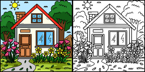 Spring house with garden coloring page for kids Vector Image