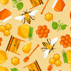 seamless pattern with honey and bee objects vector image