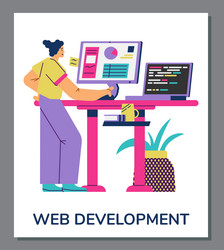 female programmer standing in front of computer vector image