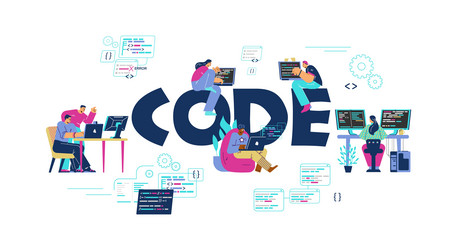 code typographic header with tiny people vector image
