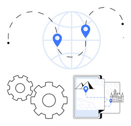 global geolocation with navigation and gears vector image