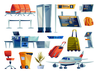 Airport icons set plane and luggage check board vector