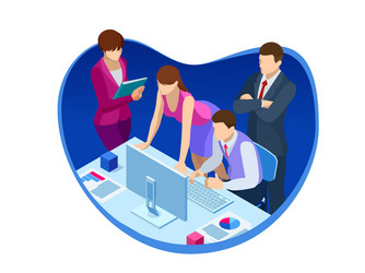 isometric business teamwork and digital marketing vector