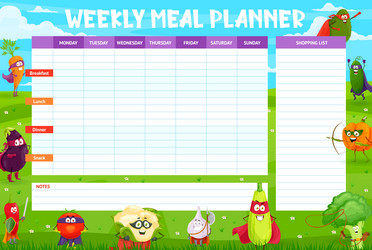 Weekly meal planner superhero berry characters Vector Image