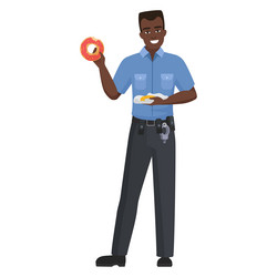 Smiling black policeman eats donut vector