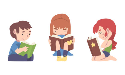 Cute little children reading books while sitting vector