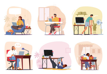 set of characters engrossed in their computers vector