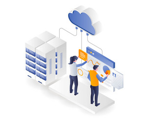 team is compiling cloud server analysis data vector image