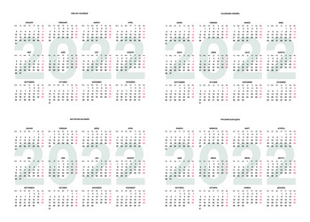 calendar of 2022 year on english spanish russian vector