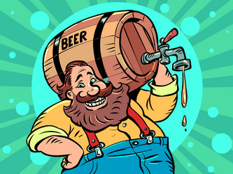 A man with wooden barrel of beer alcoholic vector