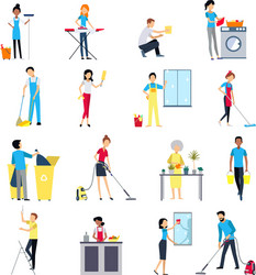 Cleaning people icons set vector