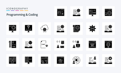 25 programming and coding solid glyph icon pack vector