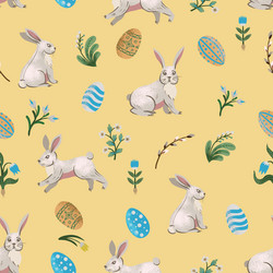 Rustic seamless pattern with trees rabbits eggs vector