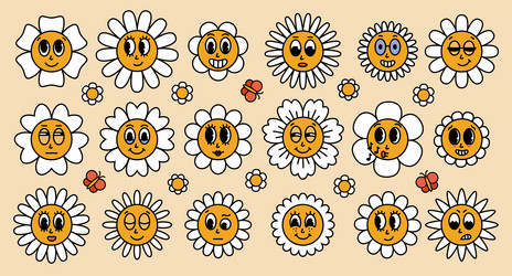 Daisy flowers with cartoon funny faces bloom Vector Image
