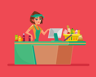 supermarket smiling cashier woman character vector