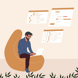 hipster man works at a laptop writes program code vector image