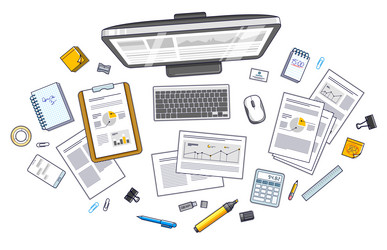 work desk workspace top view with pc computer vector image