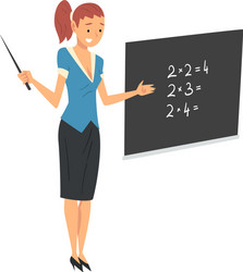 Female teacher standing beside chalkboard vector