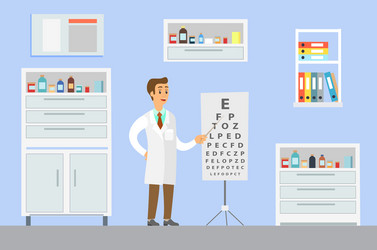 optometrist points to table for testing visual vector