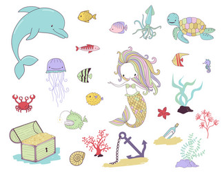 Mermaid Sea Creatures & Underwater Plants Vector Image