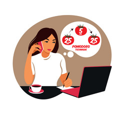 Girl manager working with computer using time vector