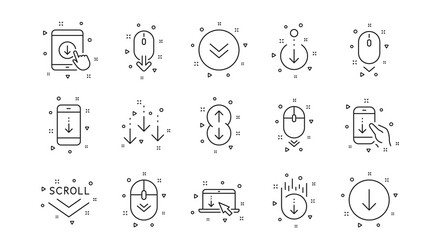 Scroll down line icons scrolling mouse landing vector