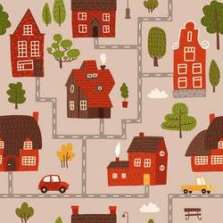 Cozy city map nursery seamless pattern with roads vector