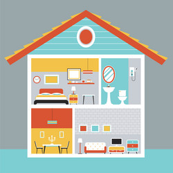 cutaway house with room and furniture flat design vector