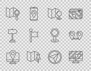 set line monitor with location marker folded map vector image