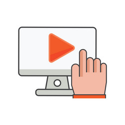 finger clicking on computer with play icon mobile vector image