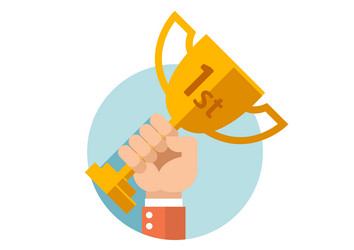 Happy business people hold the golden cup award vector