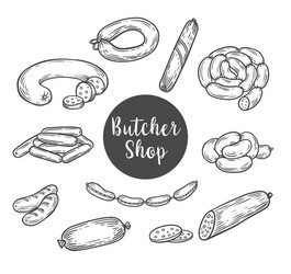 sketch for butcher shop with wurst and sausage vector