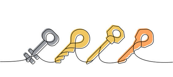 set of key one line colored continuous drawing vector image