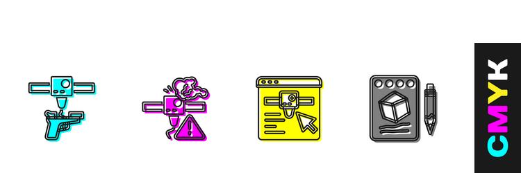 set 3d printer gun warning setting and sketch vector image