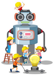 Children building robot together on white vector