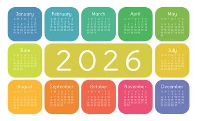 calendar 2026 year english colorful horizontal vector