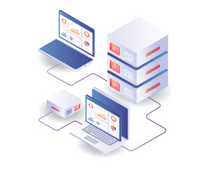 analyze server data with computers and smartphones vector image