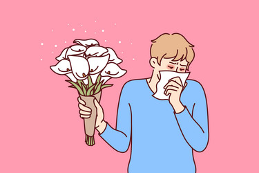 Allergic man holding bouquet flowers and using vector