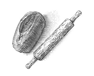 bread and rolling pin hand drawing sketch vector