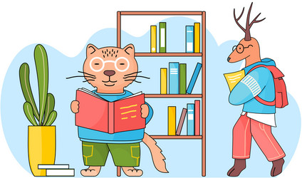 Smart cat in glasses with a book hands vector