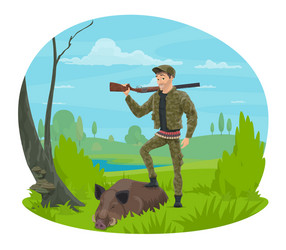 hunter with rifle and trophy boar cartoon icon Vector Image