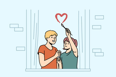 Happy couple draw heart on window vector