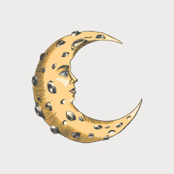 crescent moon with face and craters color sketch