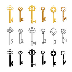 set retro keys in three styles - flat outline vector image