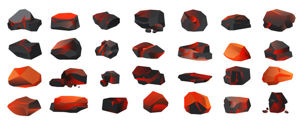 burning hot black coal set red single stone vector