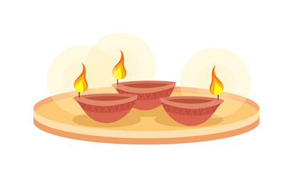 Burning oil lamps on tray semi flat color objects vector