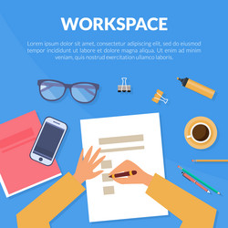 workspace banner with objects rested on desk top vector