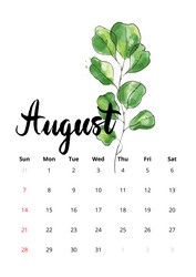 Watercolor August Calendar Vector Image