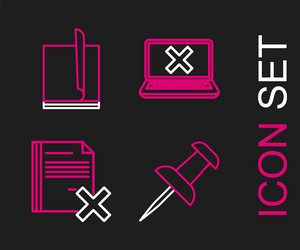 Set line push pin delete file document laptop vector
