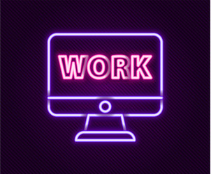 Glowing neon line computer monitor with text work vector